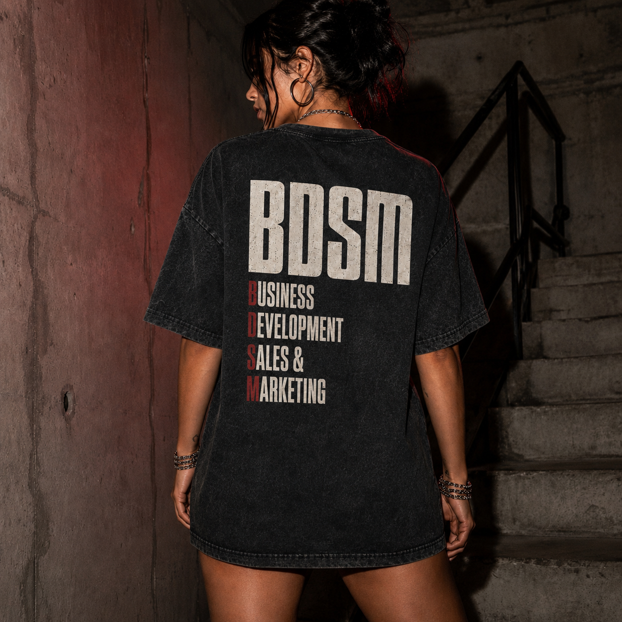 BDSM — koszulka oversize acid wash, przód i tył