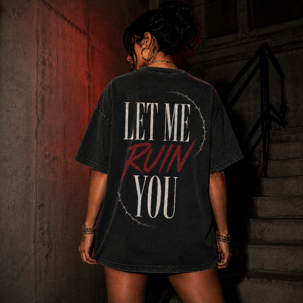 Czarny T-shirt oversize acid wash Let Me Ruin You – duży nadruk w ciernistym okręgu na plecach, Wrong By Design