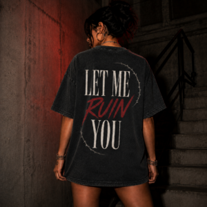 Czarny T-shirt oversize acid wash Let Me Ruin You – duży nadruk w ciernistym okręgu na plecach, Wrong By Design