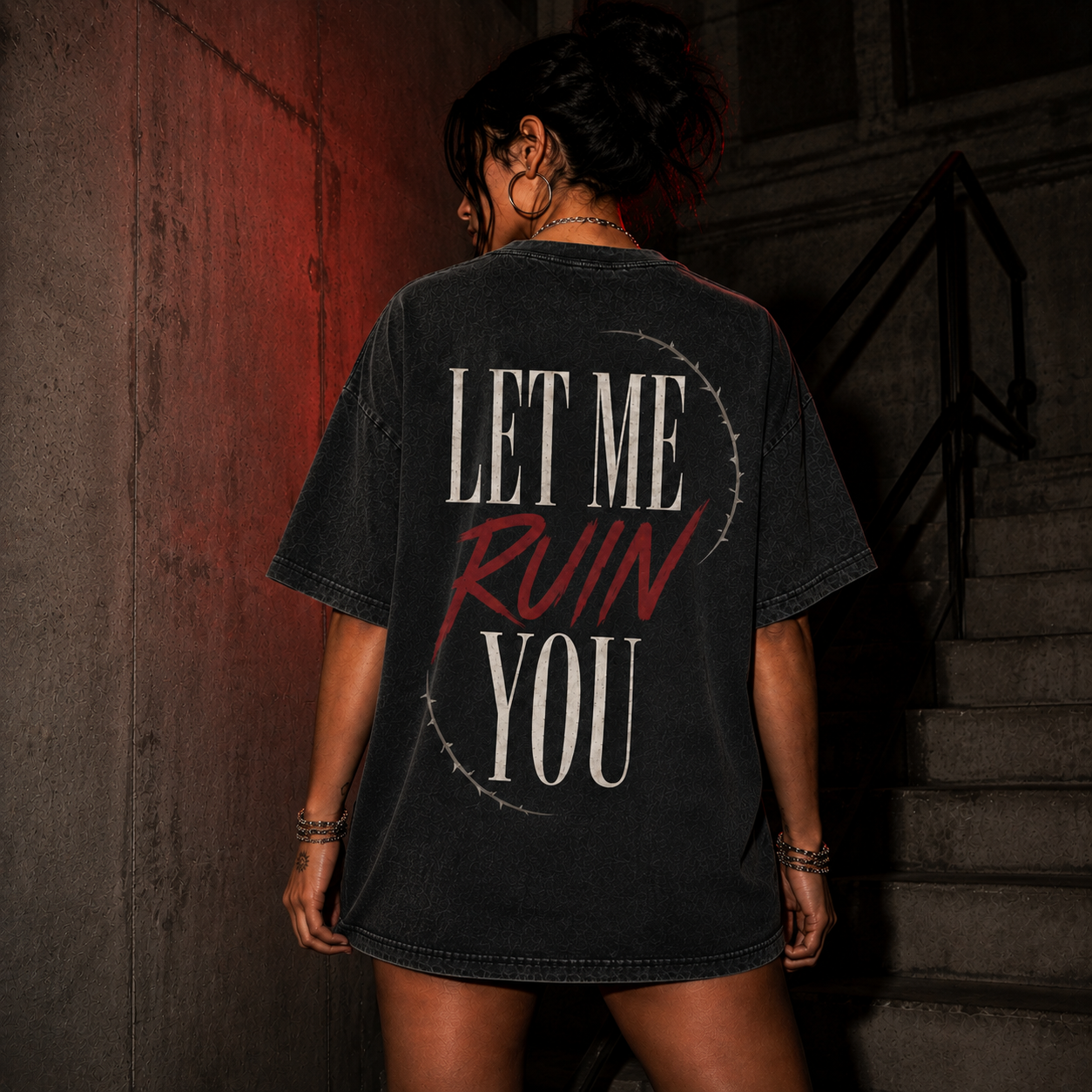 Let Me Ruin You — koszulka oversize acid wash, przód i tył